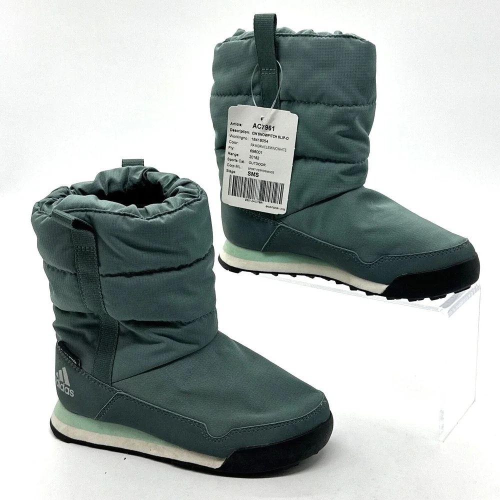 Adidas Kids Size 12 -Climawarm Snowpitch Green Slip On Boots Fleece Lined AC7961